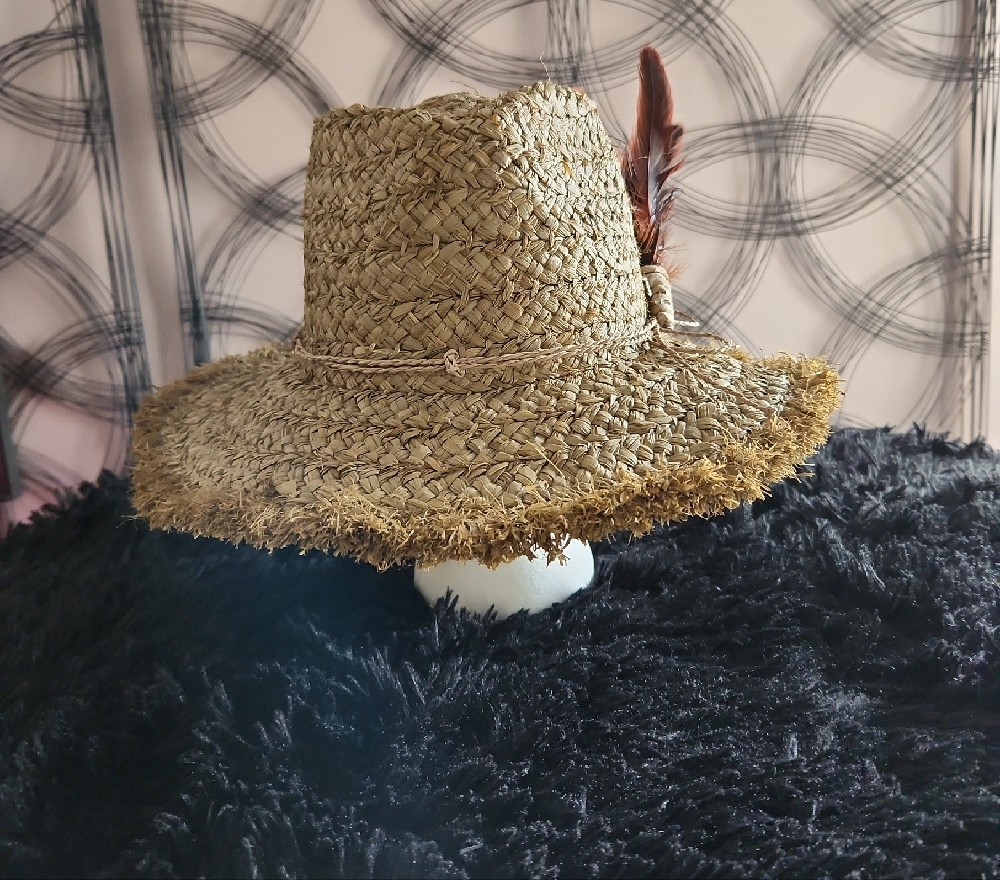 Stylish Tan Straw Hat with Feather Accent